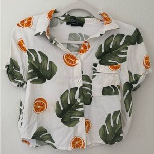 Forever 21 Green Leaf and Orange Print Cropped Shirt